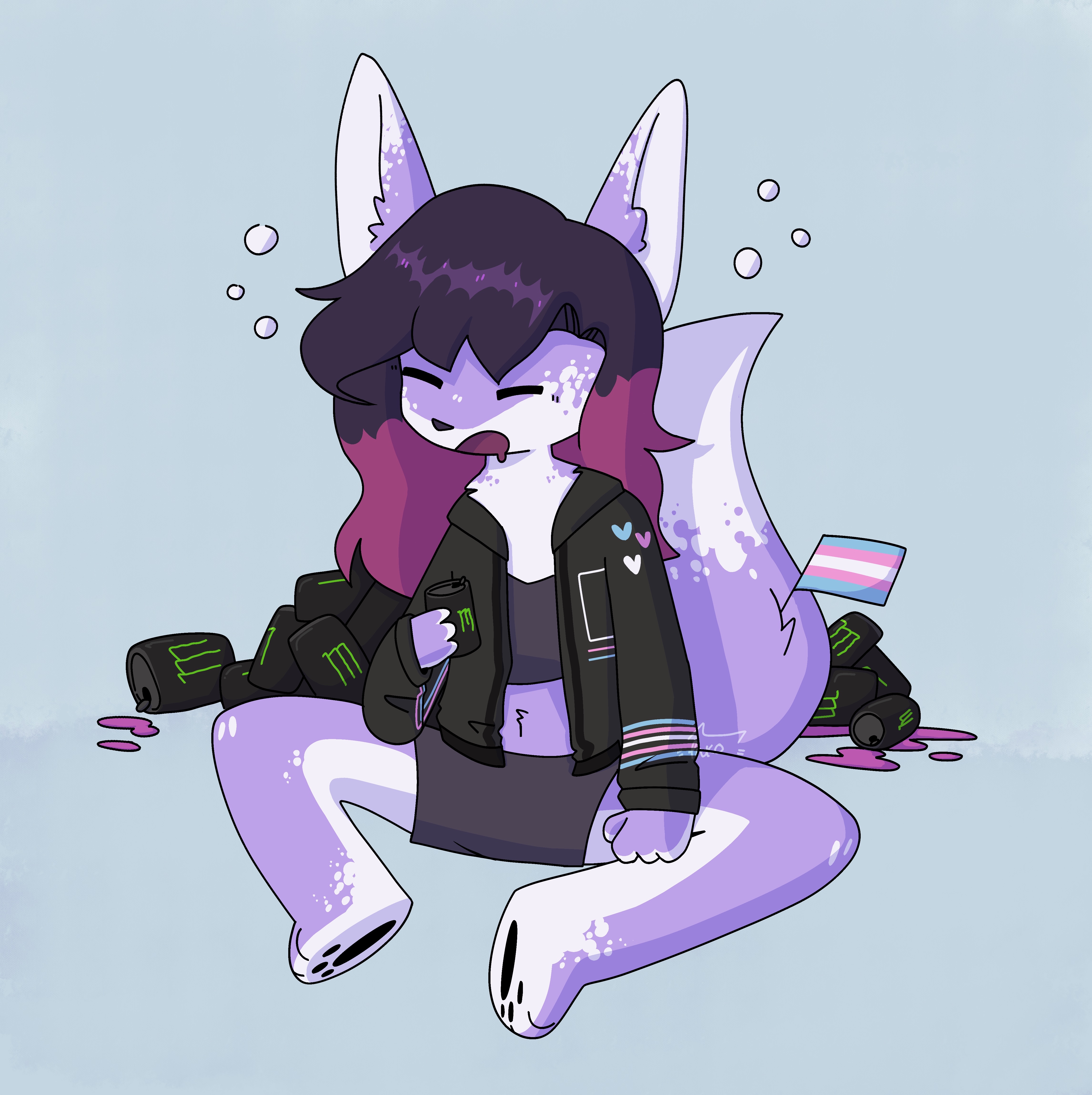 A purple humanoid fox fursona, with white accents. She is wearing a black hoodie with the hood down and front unzipped, along with a basic bra and shorts. the hoodie has various transgender colored features, including arm stripes and hearts. she has a large poofy tail, with a transgender flag sticking out of it. her eyes are closed, mouth open and drooling. she is holding a can of monster, with many empty and spilling cans behind her